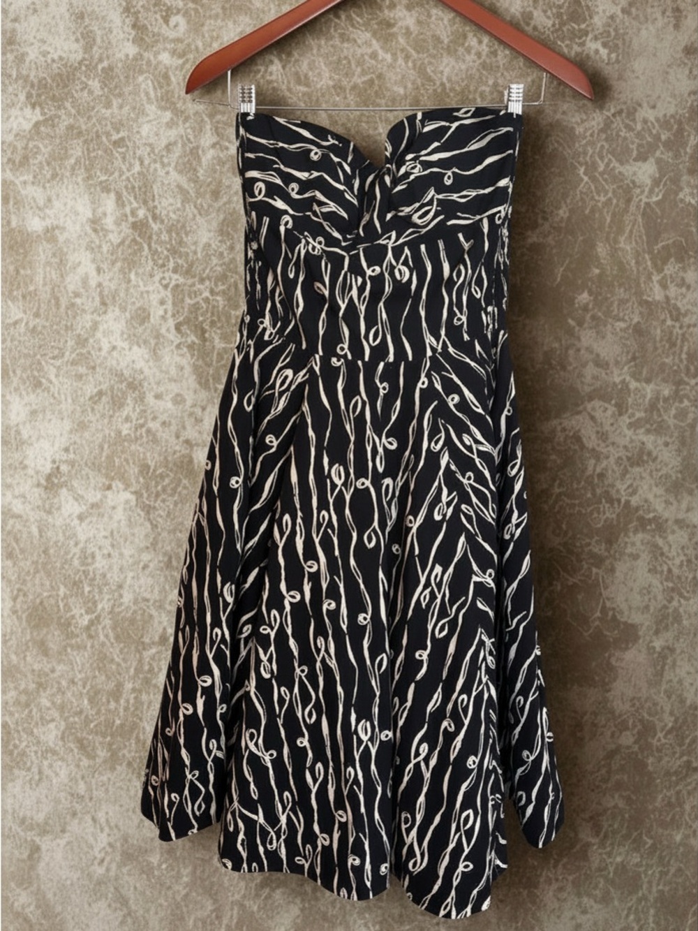 Anthropologie Strapless Black & Cream Patterned A-Line Dress and Cardigan